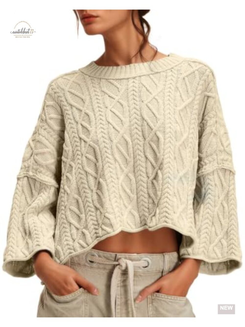 Womens Cable Knit Cropped Sweater Oversized Fall Long Sleeve Pullover